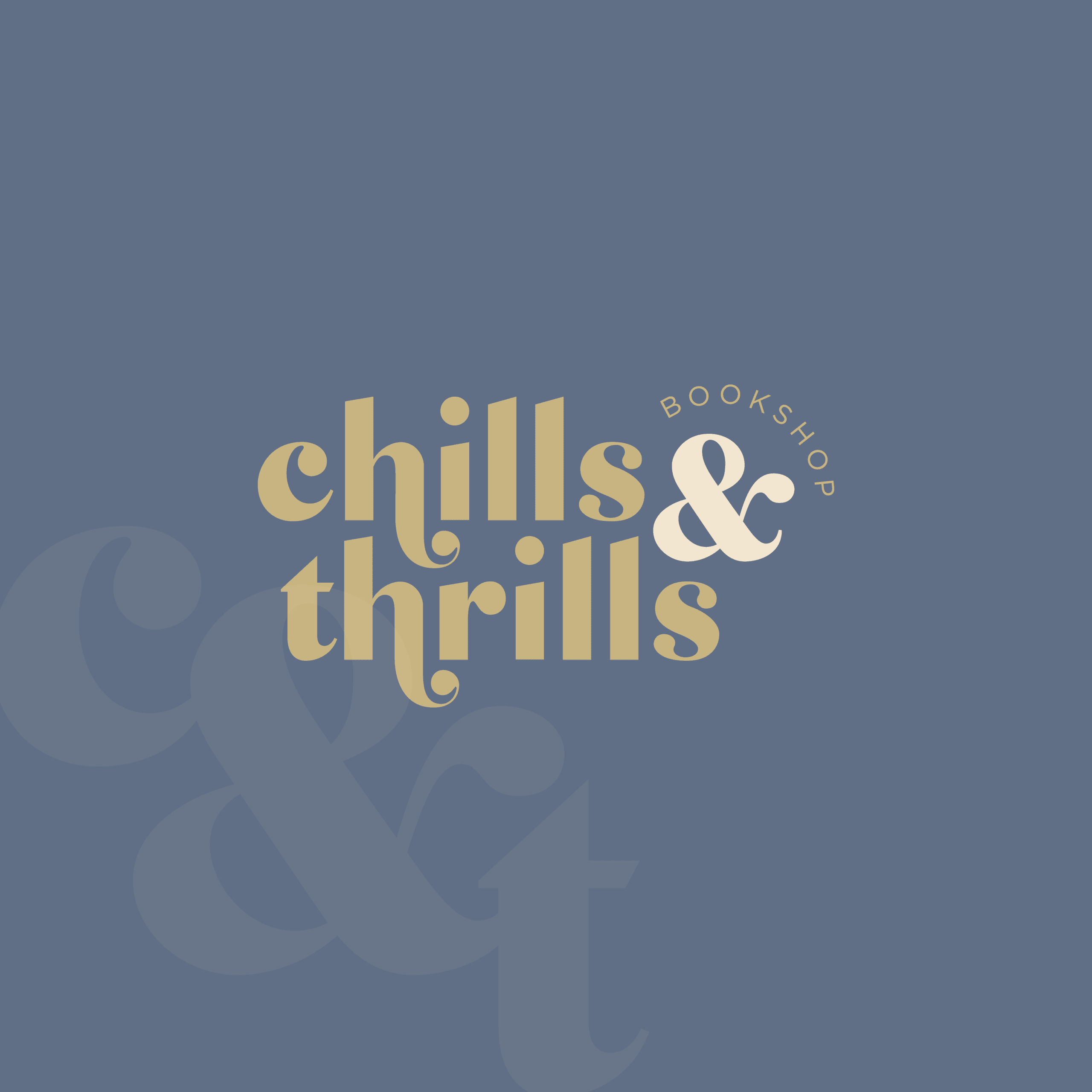 Logo design and branding for Chills & Thrills Bookshop, featuring vintage-inspired typography, retro colors, and modern geometric patterns.